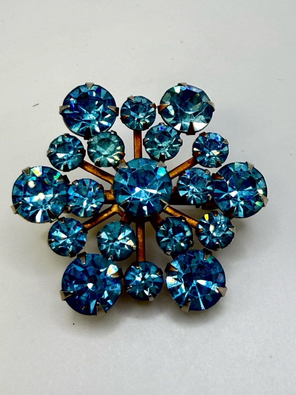 Vintage Blue Rhinestone Starburst Brooch Aqua Capri Blue Pin 1.25”